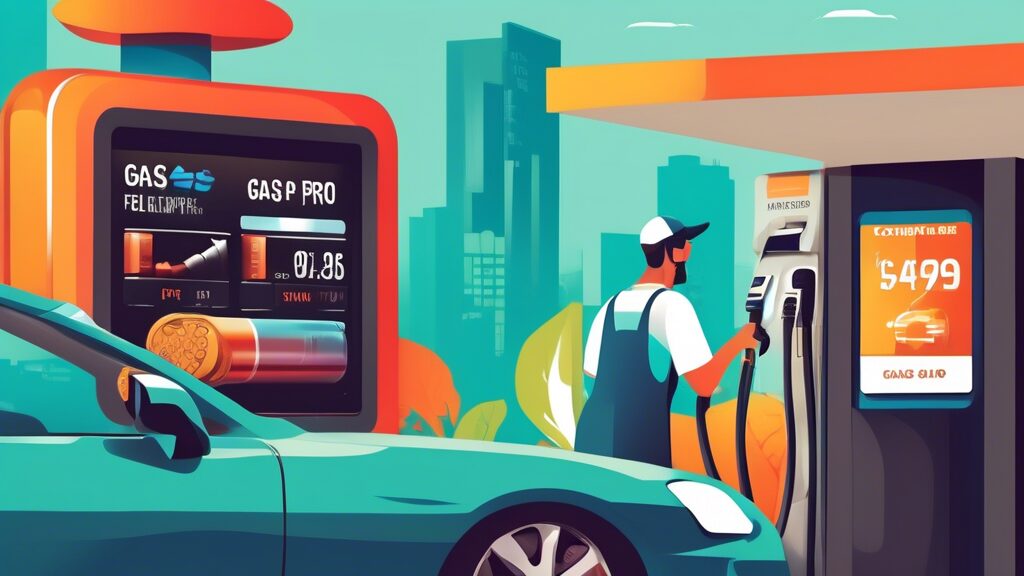 Create an image of a person happily installing a compact Fuel Saver Pro device in their car, with a digital display showing decreased fuel consumption. In the background, depict a gas station with a sign displaying lower fuel prices. Add a visual representation of savings, like floating dollar bills or a bar graph showing reduced expenses. Use a clean, modern style with vibrant colors to emphasize the positive impact on gas costs.