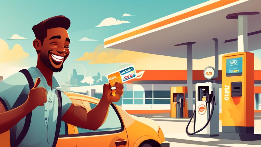 Create an illustration showcasing a happy driver holding a fuel discount card at a gas station. The scene includes a gas pump showing discounted prices, with a car in the background and bright, sunny weather. The driver is smiling and saving money, emphasizing the benefits of using the fuel discount card. The overall vibe should be positive and encouraging.