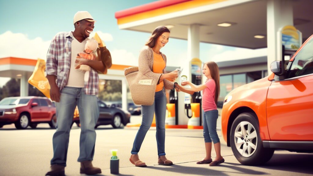 Create an image of a cheerful customer fueling their car at a gas station, with a prominent sign showcasing a Fuel Rewards Program. Include visual elements like a loyalty card, coins, and dollar bills to symbolize savings, and a happy family in the background indicating their satisfaction. Make the scene bright and inviting to convey the positive impact of the rewards program on their savings.