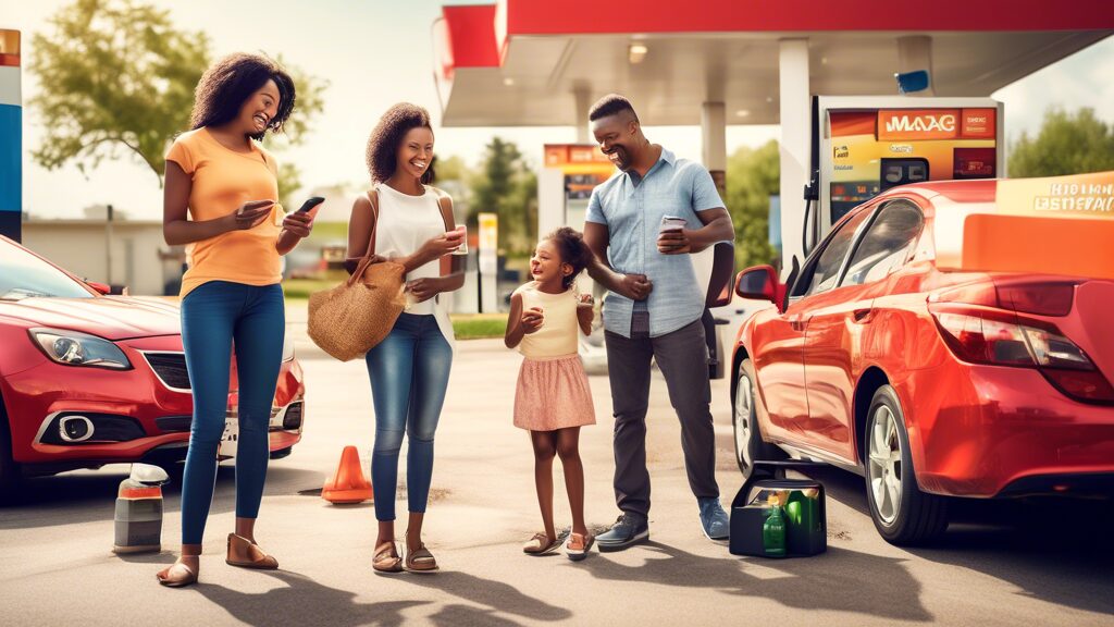 Create an image of a diverse, happy family refueling their car at a gas station, surrounded by signs showcasing gas rewards program benefits. Include loyalty cards, a smartphone app displaying points, and a billboard showing 'Maximize Your Savings with Gas Rewards Programs.' The scene should be vibrant and modern, emphasizing the convenience and satisfaction of saving money on fuel.