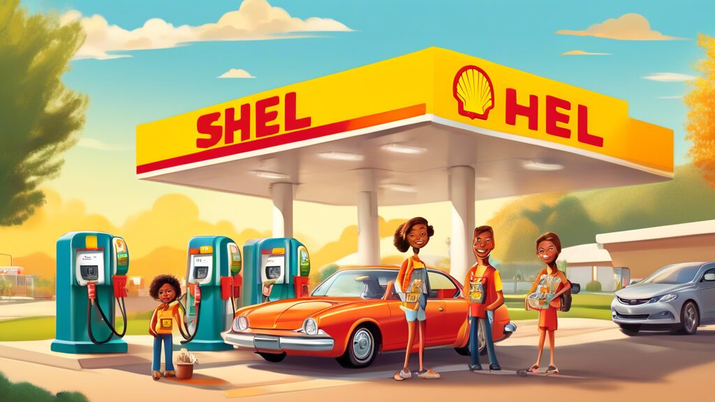 Create an illustration of a happy family refueling their car at a Shell gas station. The gas station has a prominent Shell Fuel Rewards Program sign with a Save on Fuel tagline. The family looks cheerful, holding a digital app that shows their savings. The background features a bright, sunny day with clear skies and the classic Shell logo.