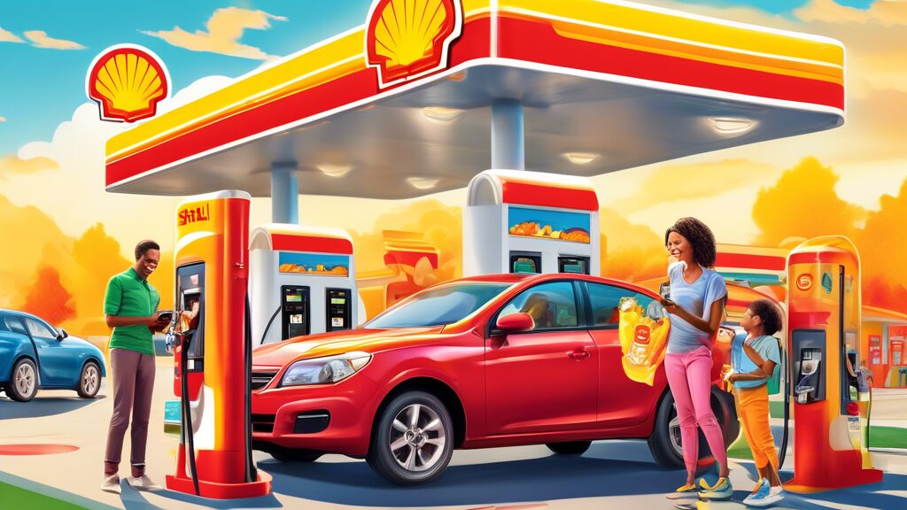 Create a vibrant and dynamic image of a happy family refueling their car at a colorful Shell gas station, with visible signs promoting Shell Rewards. The family is smiling, with one member using a smartphone to activate a discount. The background shows a bright, sunny day with clear skies and a clean, modern gas station design. Icons or symbols representing savings like dollar signs, coins, or rewards points subtly integrate into the scene to emphasize the benefits of the Shell Rewards program.