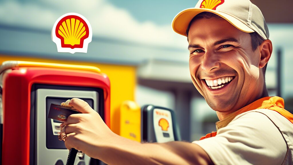 Create an image of a cheerful driver refueling at a Shell gas station, holding up a rewards card with a big smile. The background should feature bright signage highlighting 'Shell Gas Rewards,' with savings amounts visibly displayed on the pump. Incorporate a friendly Shell attendant assisting the driver, and a sleek car being refueled under a clear, sunny sky.