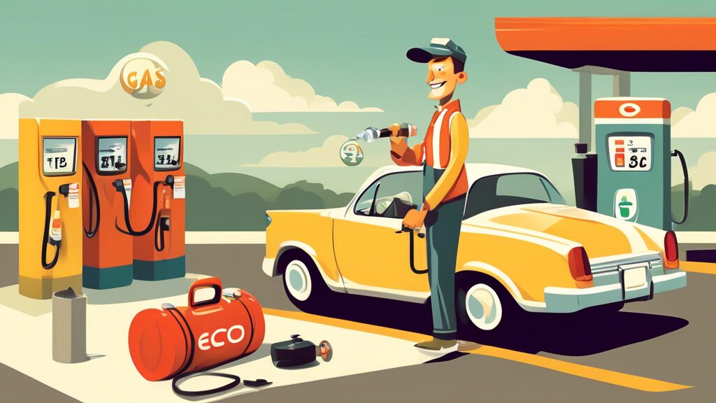 Create an illustration showing a cheerful driver implementing various tips to save on gas and boost fuel efficiency. The car is depicted with a well-inflated tire gauge, a clean air filter, eco-friendly driving habits, and a lightweight trunk. Also include a background showing a clear, sunny day with a gas station in the far distance, symbolizing less frequent refueling.