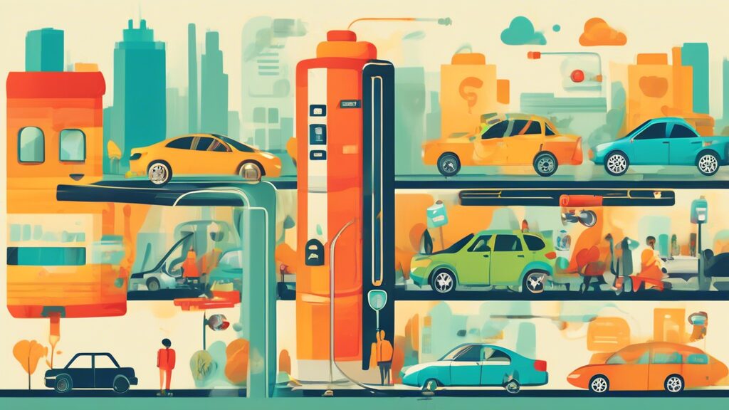 Create a detailed illustration showing various effective ways to save money on gas: fuel-efficient cars, carpooling, public transportation, biking, walking, maintaining proper tire pressure, and using a fuel rewards app. The scene should be set in a vibrant, urban environment with diverse people and vehicles exhibiting these gas-saving methods.