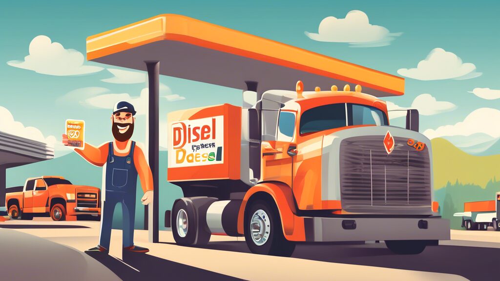 Create an illustration depicting a happy trucker at a gas station, holding up a diesel fuel discount card with one hand while fueling up their truck with the other. The background should show a serene highway with other trucks passing by, and a prominent sign displaying diesel prices with a clear discount highlighted. Incorporate logos or symbols related to fuel discounts and savings. Bright colors and a positive atmosphere should convey the benefits of using a diesel fuel discount card.