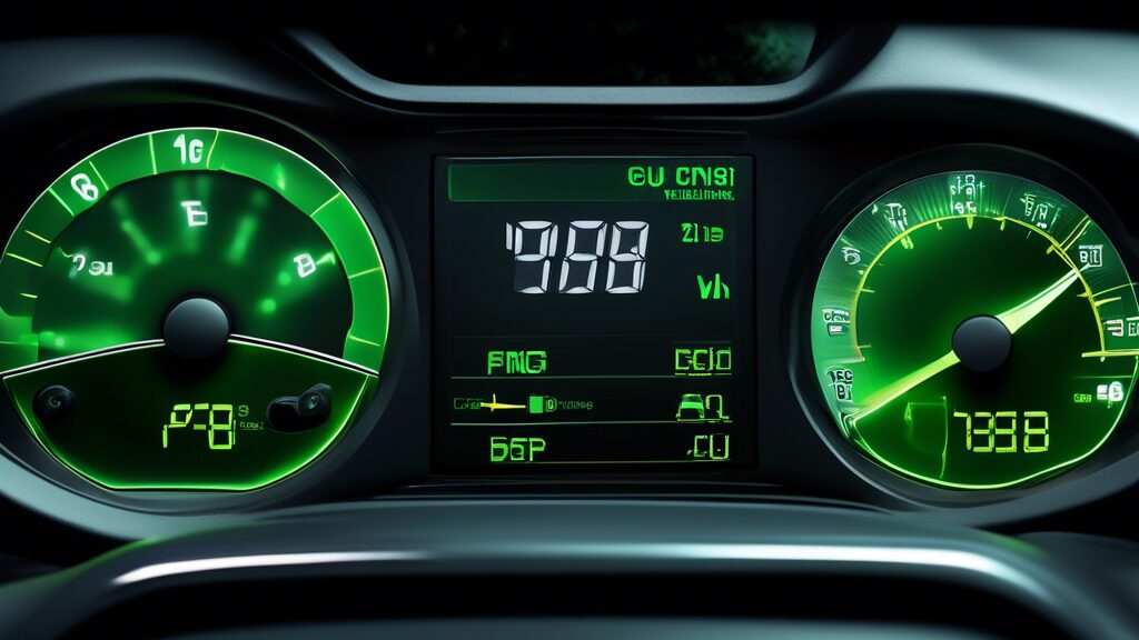 Create an image of a modern car dashboard with a futuristic gas saver device installed, showing a significant increase in fuel efficiency. The scene should include clean, green energy indicators and digital displays highlighting savings in fuel consumption. Surround the car with a scenic, eco-friendly background like a lush forest or a sunny highway lined with trees to emphasize environmentally conscious driving.