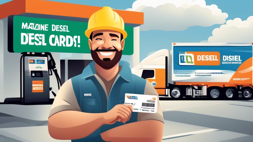 Create an image depicting a cheerful truck driver holding a diesel fuel discount card while refueling at a gas station. The station features a modern, clean design with visible price signs showing discounted diesel prices. In the background, include a few large trucks and a banner that reads Maximize Savings with Diesel Fuel Discount Cards for added emphasis. The overall scene should convey a sense of savings, efficiency, and convenience.