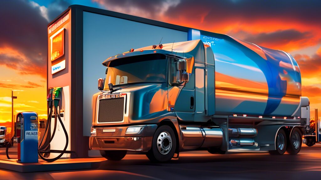 Create an image depicting a truck driver happily refueling their large sleek semi truck at a busy modern fuel station Visible on the fuel pump is a digital screen displaying a significant discount alongside a recognizable diesel fuel card logo In the background include a vibrant sky with a setting sun casting a warm glow over the scene suggesting the end of a long but rewarding day on the road