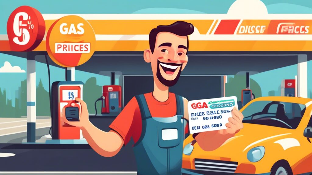 Create an image that depicts a cheerful driver at a gas station, happily holding up a gas discount card while their car is being refueled. The gas station should look modern and clean, with a prominently displayed sign showing discounted gas prices. Include a friendly gas station attendant waving in the background. The atmosphere should be sunny and bright, emphasizing the positive experience of saving money on gas.