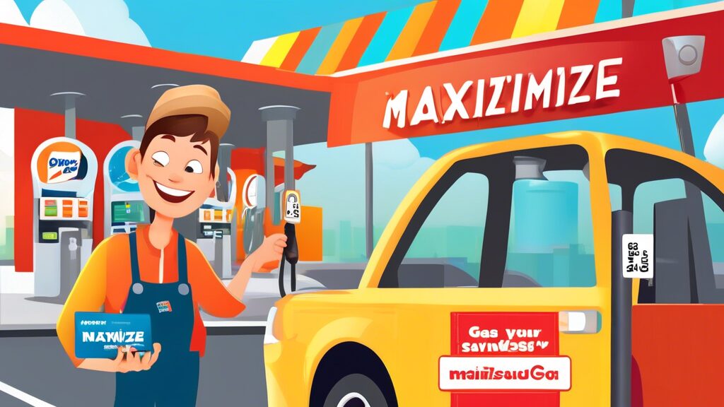 Create an image of a cheerful driver at a gas station, holding a loyalty card with a smiling gas pump icon. The gas station sign shows discounted prices, and a colorful banner above the pump reads 'Maximize Your Savings with Gas Discounts!' In the background, other cars are fueling up, and the scene is set on a bright, sunny day, emphasizing optimism and savings.