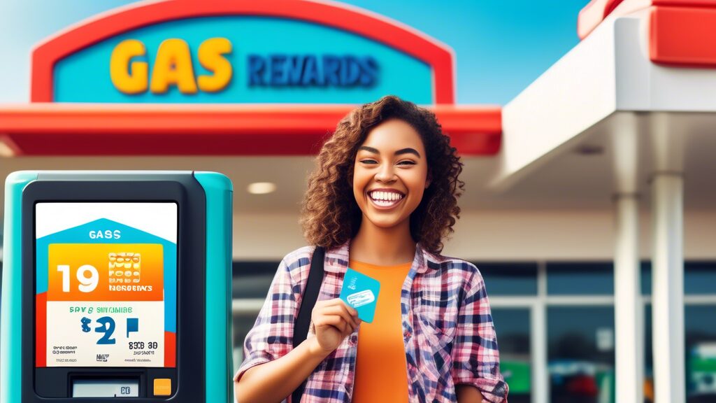 Create an image featuring a cheerful person standing next to a gas station pump, holding up a rewards card with a big smile. The background should include a colorful gas station with a prominent sign showing discounted fuel prices and a banner that reads Gas Station Rewards Program. Additionally, include visual elements like a smartphone app displaying rewards points and a few icons or graphics indicating savings and rewards.