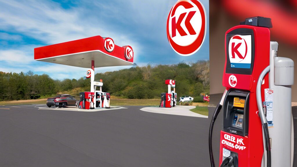 Create an image of a Circle K gas station where a happy driver is fueling their car. They are holding a Circle K Fuel Discount Card and smiling while a digital sign above displays discounted fuel prices. Include a visible Circle K logo on the gas station signage to emphasize branding.