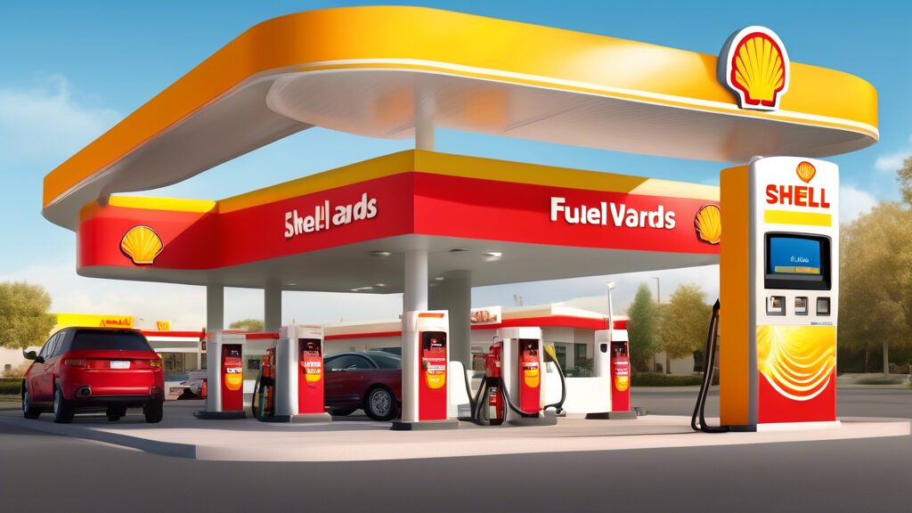 Create an image featuring a smiling customer holding a Shell Fuel Rewards Card beside a modern Shell gas station. The station should display fuel prices showing a discount, with a clean, vibrant background including cars and fuel pumps. The atmosphere should be upbeat, indicating satisfaction and savings, with the Shell logo prominently displayed. Use warm colors and a sunny, inviting setting to emphasize the positive experience of using the rewards card.