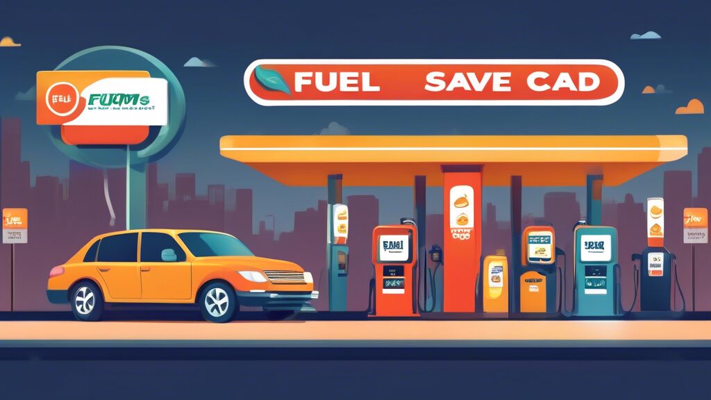 Create a detailed illustration showing a bustling gas station where drivers are actively using fuel cards at the pump There is a large sign displaying Fuel Card Discounts with percentages off and happy drivers are visibly saving money In the background show a digital screen highlighting the total savings for the month Make the atmosphere positive and energetic emphasizing the benefits and ease of using fuel card discounts