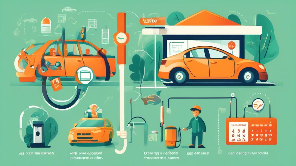 Create an illustration showing a person at a gas station with various symbols and elements representing smart gas saving tips Include a well maintained car with a tire pressure gauge a fuel efficient driving style depicted by smooth consistent driving a calendar with car maintenance dates a carpooling scene and a GPS with an optimal route highlighted Add eco friendly elements such as a tree and a gas pump with a dollar sign emphasizing savings Use vibrant colors to make the scene engaging and informative